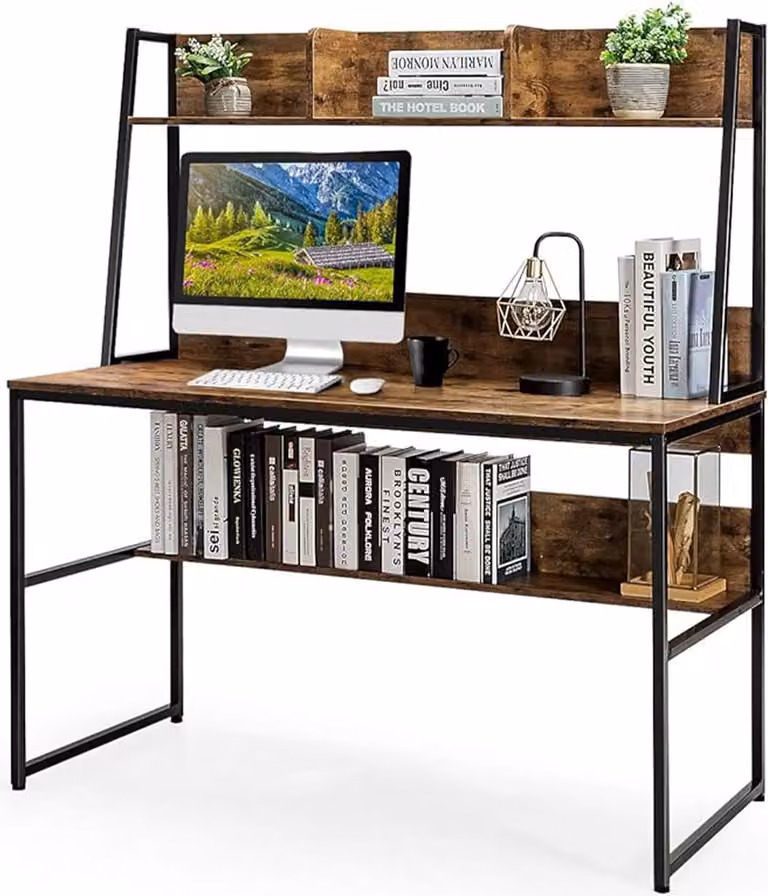 Scrivania per computer, tavolo da lavoro con libreria e 3 scomparti, ampio piano e piedini regolabili, salvaspazio, 120 x 57 x 140 cm (marrone)