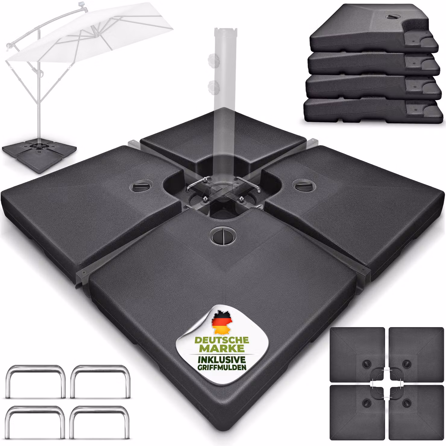 tillvex® Supporto per ombrellone antracite 90 litri / 120 kg - 4 parti per ombrellone a sbalzo incl. connettore in metallo | peso dell'ombrellone riempibile con acqua o sabbia | supporto per ombrellone a sbalzo resistente alle intemperie
