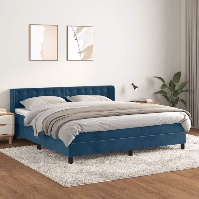 Letto Ibrido vidaXL con Giroletto a Molle e Materasso in Velluto Blu e Bianco, Struttura in Legno di Larice, L/P/H: 183 x 203 x 88 cm – 1
