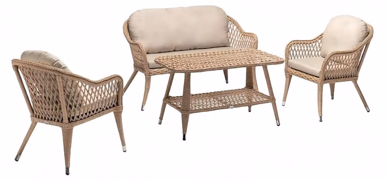 Moderne Beige Gartenmöbel Luxus Sofagarnitur Tisch Hochwertig Sessel Sitzgruppe
