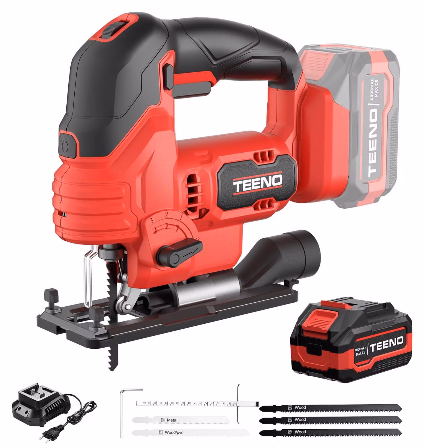 Seghetto alternativo a batteria TEENO, compatibile con batterie Makita da 20 V, 800–3000 SPM. Seghetto alternativo con laser e 5 lame