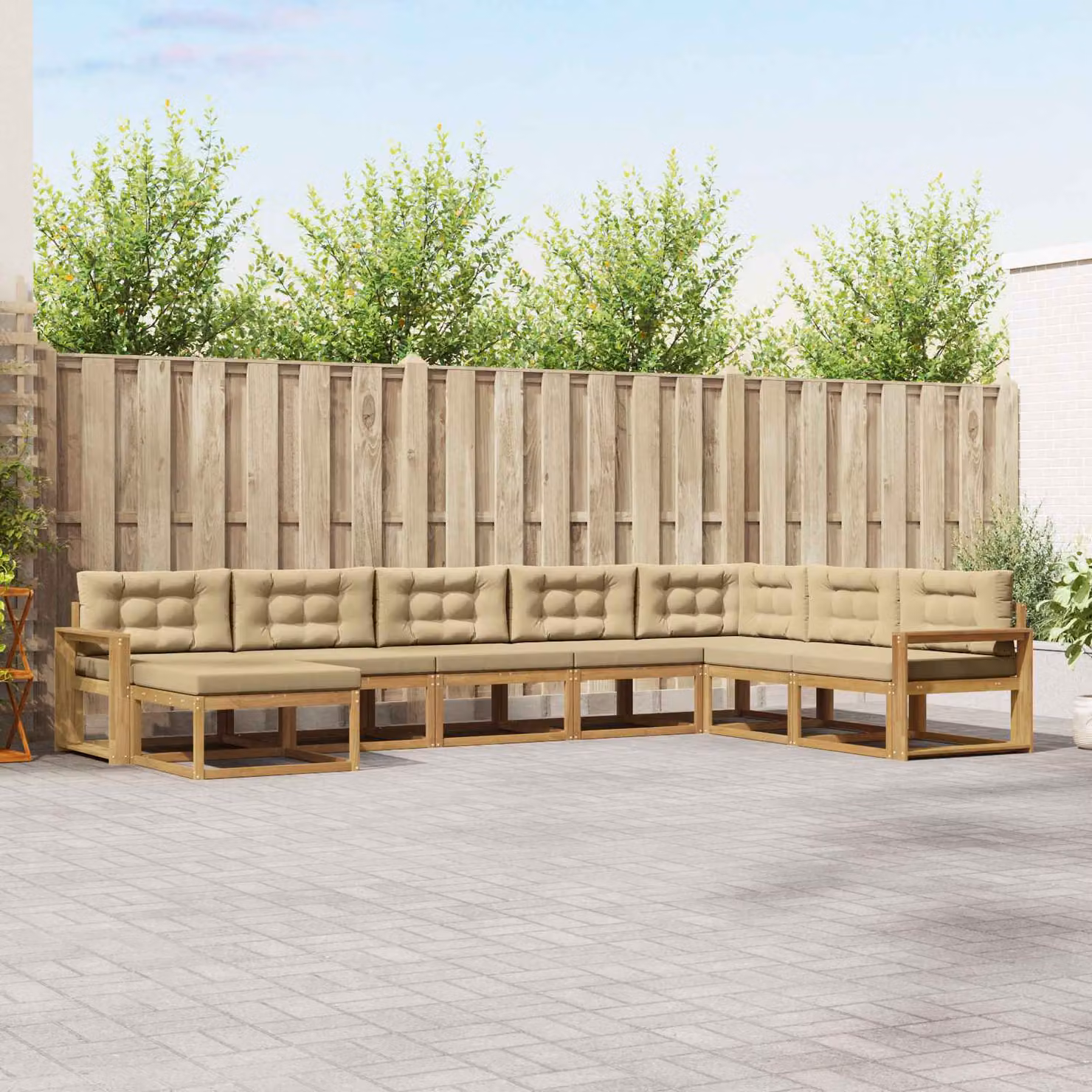 vidaXL Set di divani da esterno a L in legno di acacia con pouf e cuscini, Bianco e Beige