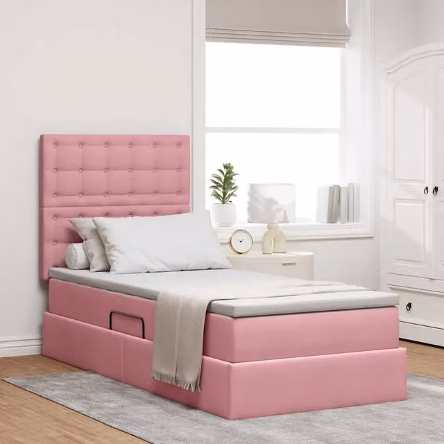 Letto con contenitore e illuminazione LED vidaXL in velluto rosa, L/P/H: 90 x 190 cm