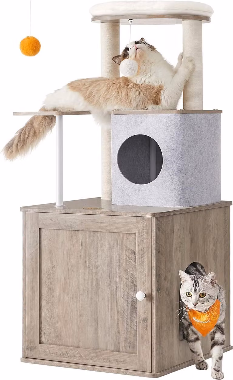 Casetta per gatti Feandrea Greige, mobile per gatti, mobile per lettiera, tiragraffi moderno 2 in 1, altezza 118 cm, 2 tiragraffi, grotta per coccole,