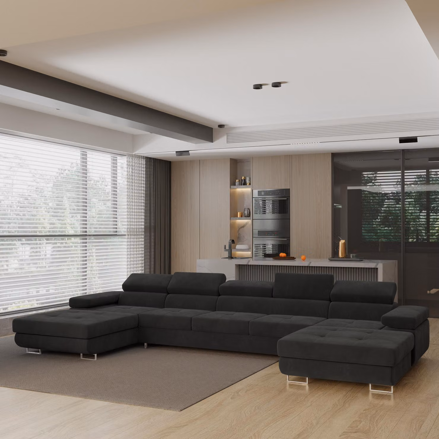 Divano angolare OMBRA di Masseno con funzione letto a U, divano con box letto, divano da soggiorno, divano, divano letto, set di divani - nero, MONOLITH 95