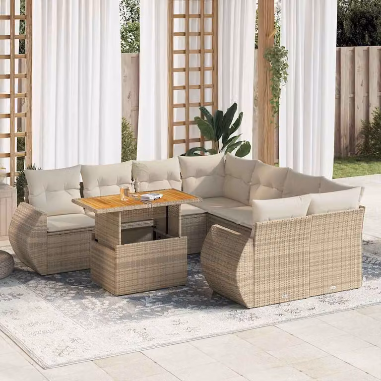 Set Divano da Giardino vidaXL 9 pz a Forma a L con Cuscini Beige e Tavolino da Caffè in Polyrattan e Acciaio