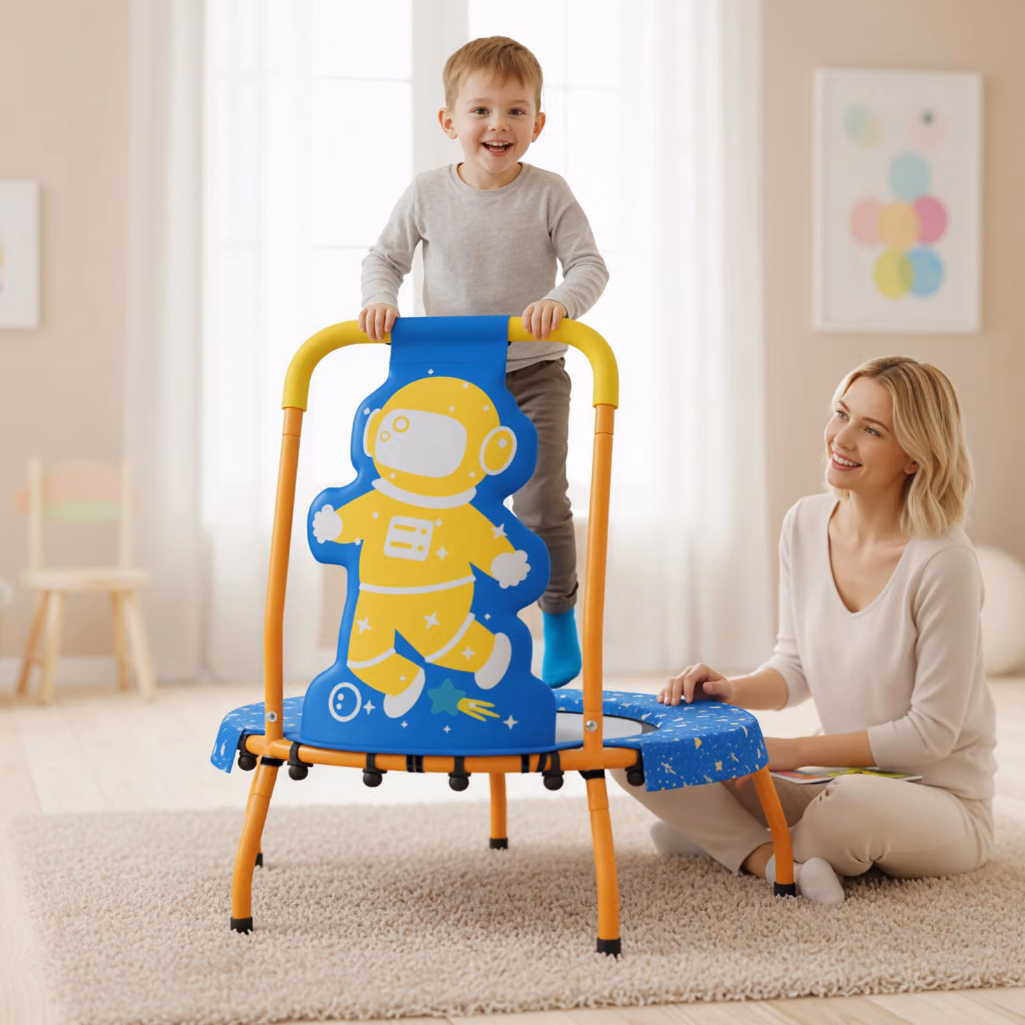 Mini trampolino per bambini Costway con maniglia in schiuma e copertura di sicurezza imbottita, Blu
