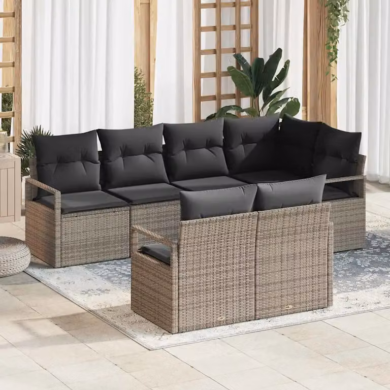 Set Divano da Giardino vidaXL 7 Pezzi in Polyrattan Grigio con Cuscini e Struttura in Acciaio