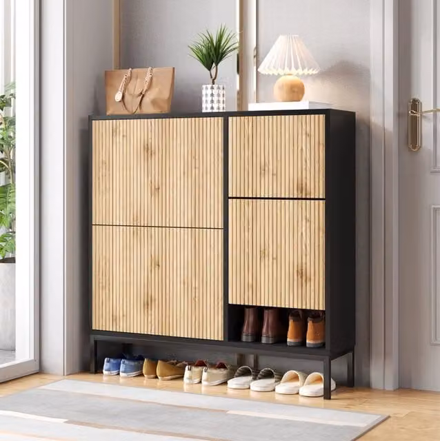 Mobile portascarpe nero e legno 100x25x100 cm con panca integrata, 3 ante a ribalta