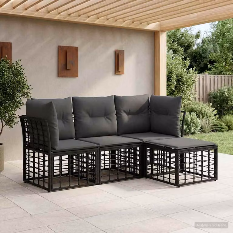 Set di divani da esterno a L vidaXL con pouf e cuscini, struttura in metallo nero e tessuto poliestere