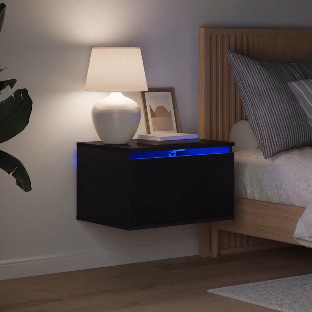 Comodino a parete vidaXL con luci LED integrate, design moderno in legno, nero opaco, L: 36 cm, P: 30 cm, H: 50 cm