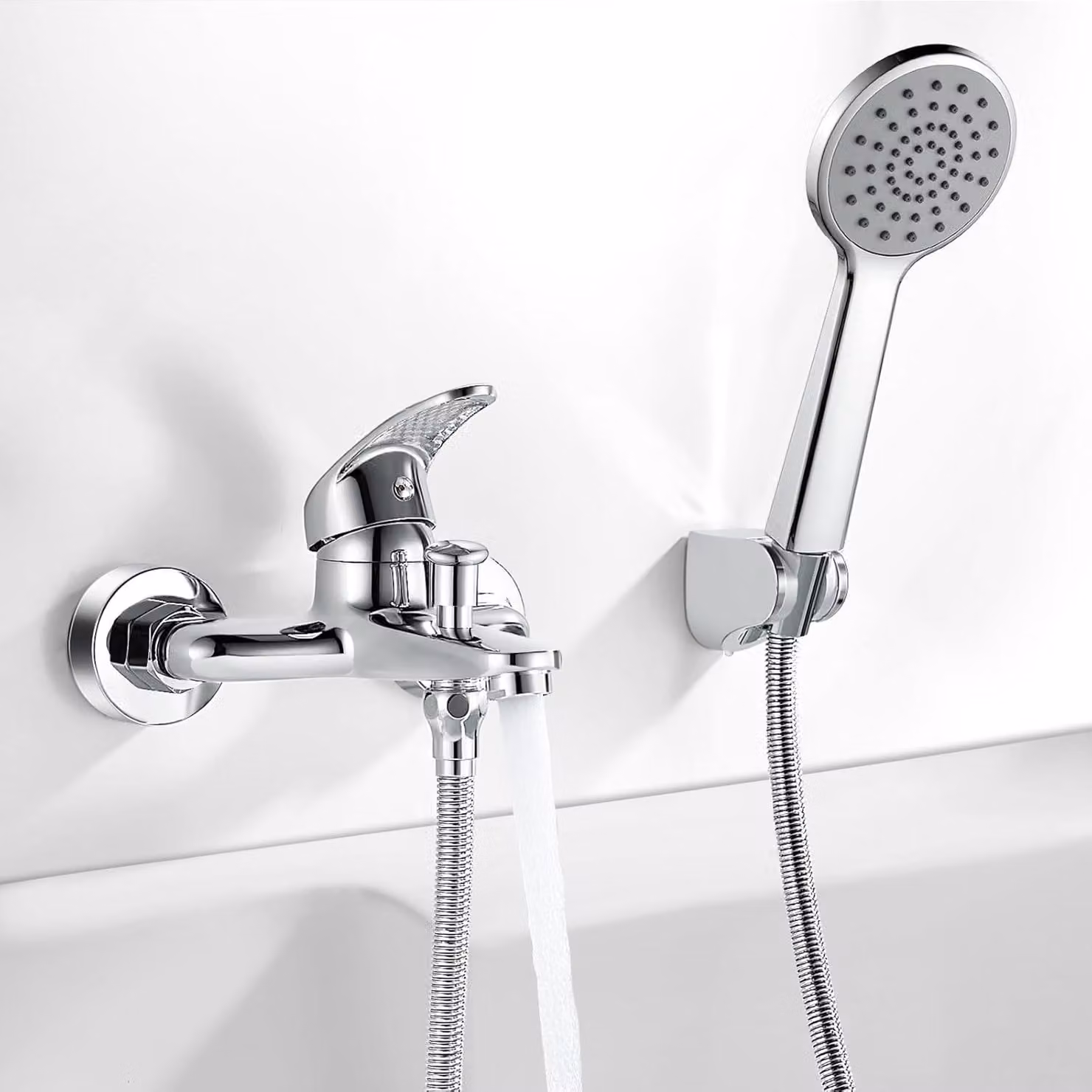Miscelatore da bagno con doccetta manuale, da montare a parete, finitura cromata, tubo flessibile da 1,5 metri, per bagno