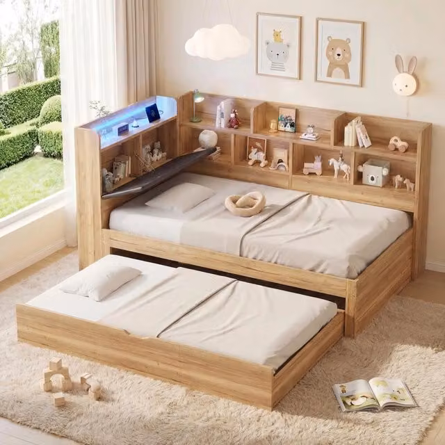 Letto Bambini a Soppalco con Cassetti, LED e Ripiani ¨C Xylo ¨C Legno Naturale 90x200