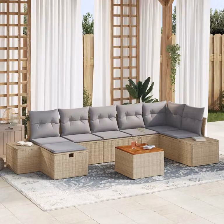 Set Divano da Giardino 8 pz vidaXL Beige con Cuscini e Tavolino in Polyrattan e Metallo