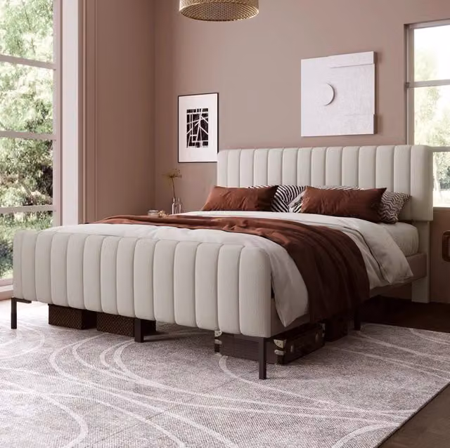 Letto imbottito 160x200 cm grigio-beige con testiera regolabile