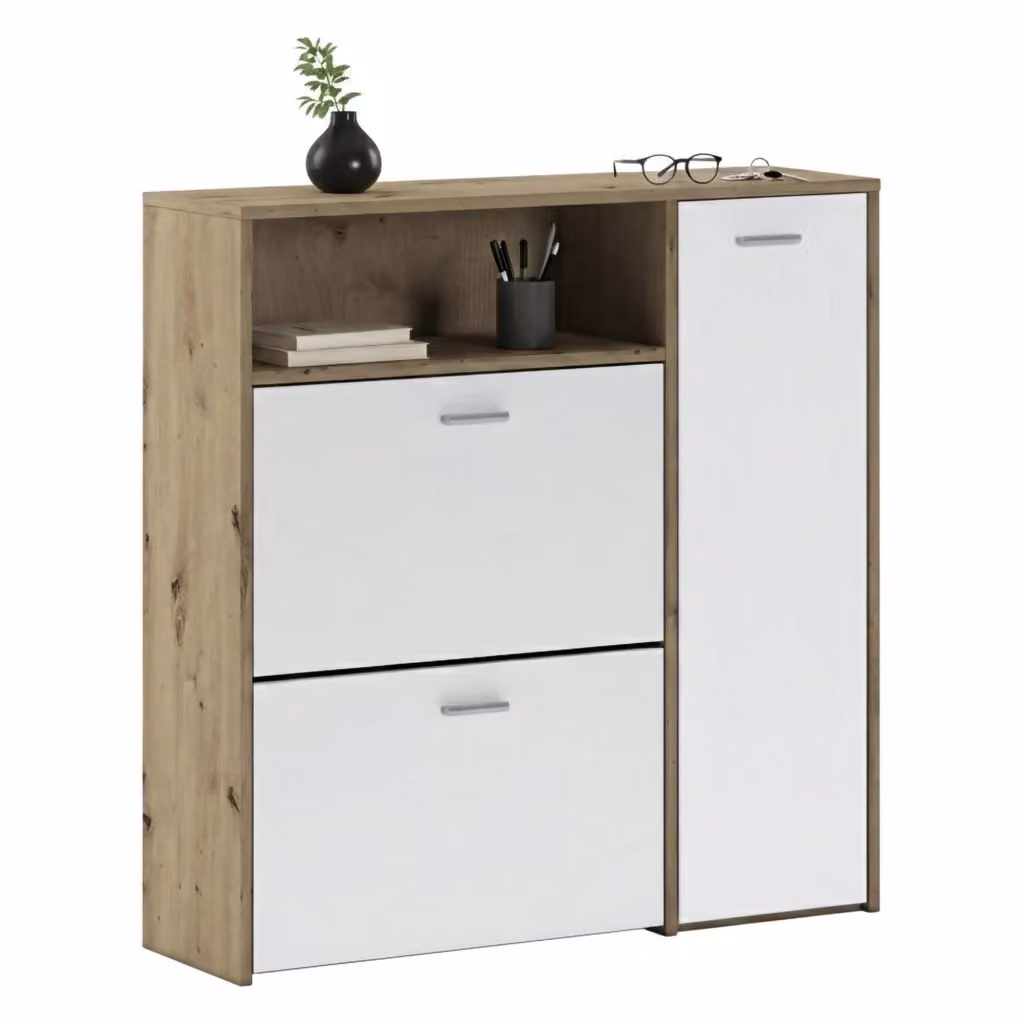 Mobile da ingresso Scultore DMORA, Consolle portaoggetti e appendiabiti multifunzione, L: 92 cm, P: 26,6 cm, H: 94 cm, Rovere e Bianco – 2