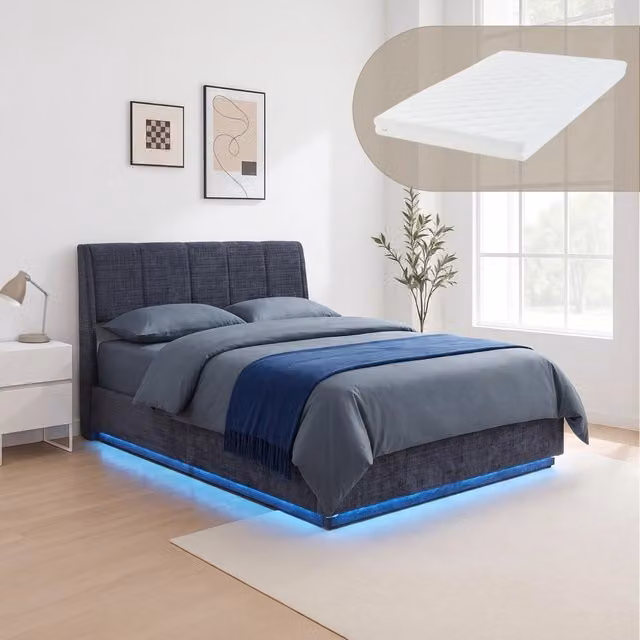 Letto Francese Contenitore Tröstiar a Luce LED con Materasso 140x200 cm - Effetto Lino Blu [en.casa]