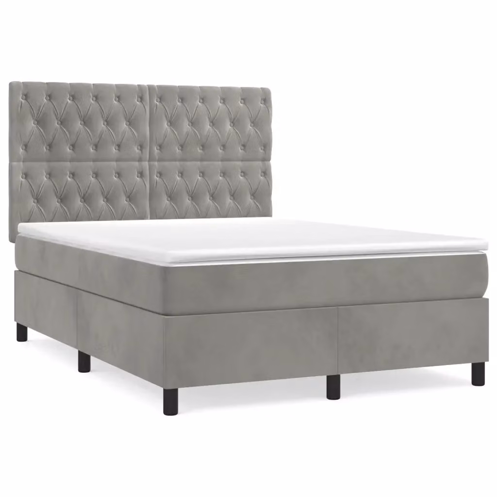 Letto con Giroletto a Molle e Materasso Ibrido vidaXL in Velluto Grigio Chiaro e Bianco L/P/H: 203 x 144 x 128 cm – 2