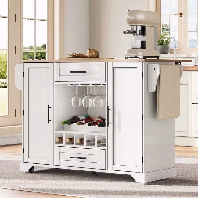 Carrello da cucina con piano ribaltabile, 2 cassetti, armadietti e portabottiglie su ruote per cucina e sala da pranzo