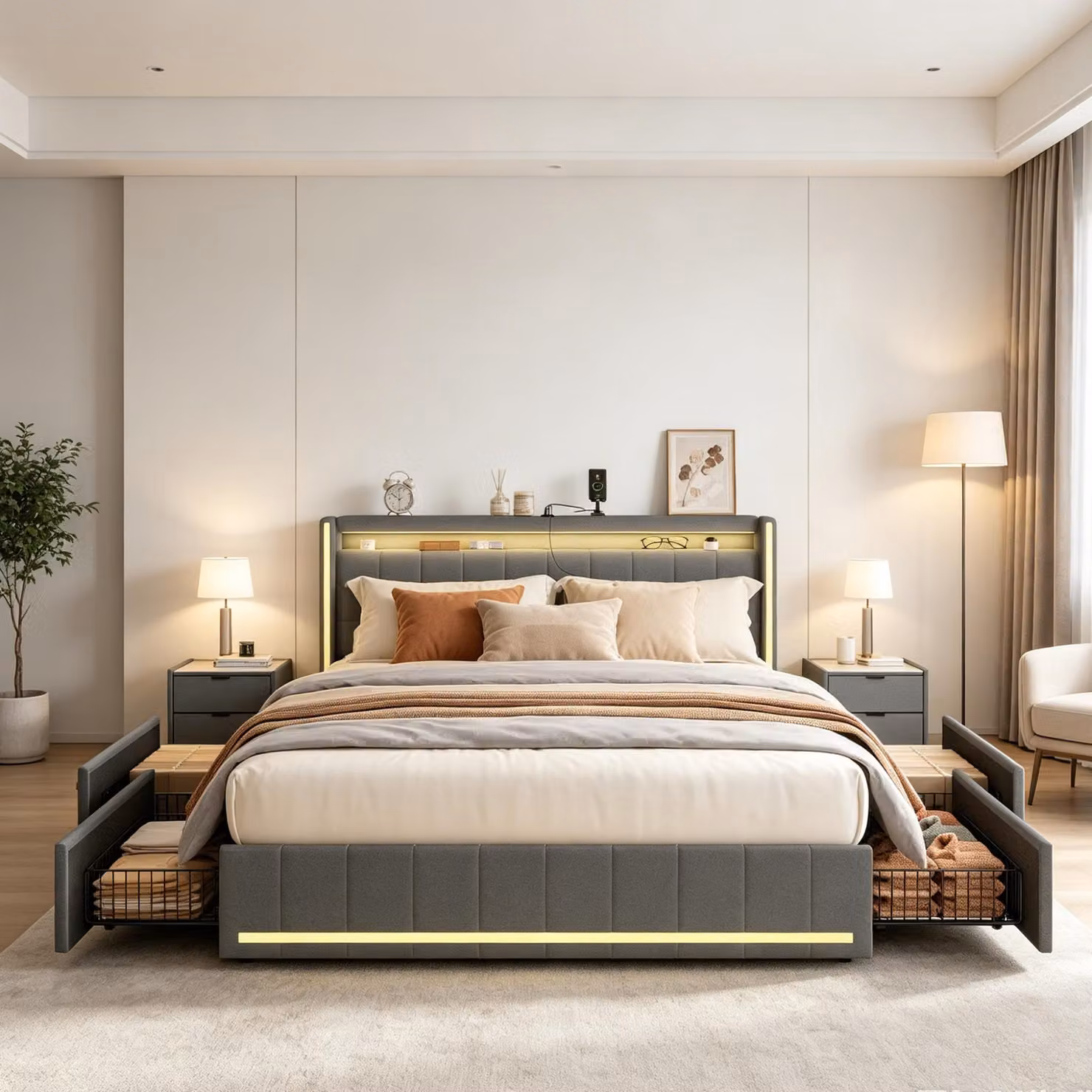 Letto imbottito INONEFT, 160 x 200 cm, con 4 cassetti, letto per ragazzi con LED e USB, letto matrimoniale con spazio contenitivo, letto multifunzionale con rete a doghe, tessuto in lino, colore grigio scuro