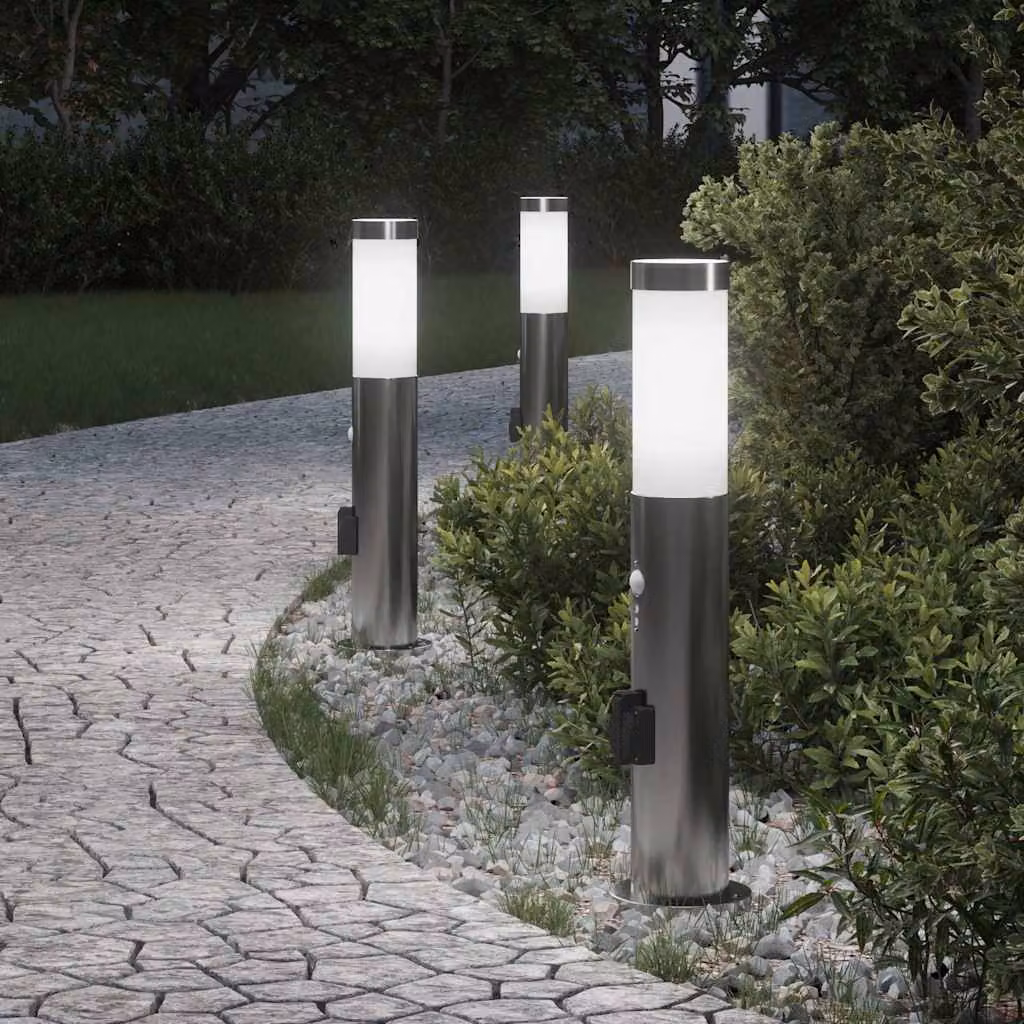 Set di 3 lampioni a dissuasore vidaXL in acciaio inox color argento con sensore di movimento e protezione IP44, Altezza: 50 cm