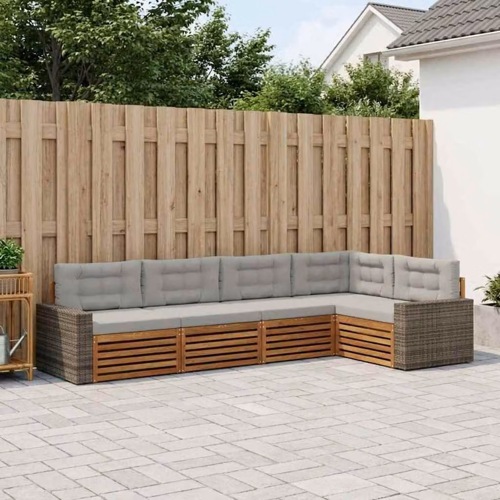 vidaXL Set di divani da esterno a L composto da 5 pezzi in legno di acacia con cuscini beige e grigi