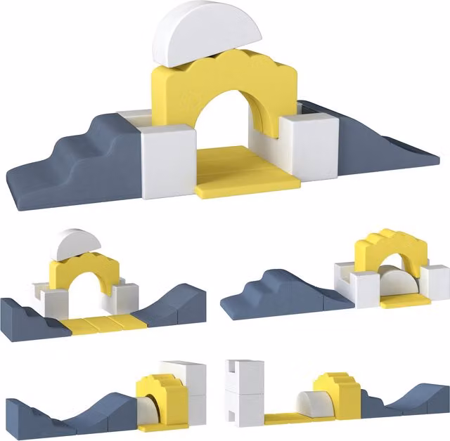 Percorso di Motricità per Neonati AIYAPLAY, 7 Blocchi Educativi Modulabili in Schiuma e Velluto con Fodera Lavabile e Base Antiscivolo, Giallo