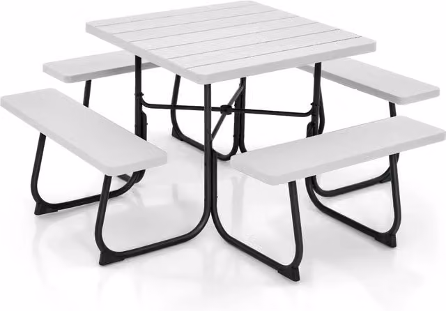 Set tavolo da picnic Outsunny con 4 panche integrate in metallo bianco, resistente alle intemperie, L/P/H: 170 x 170 x 76 cm