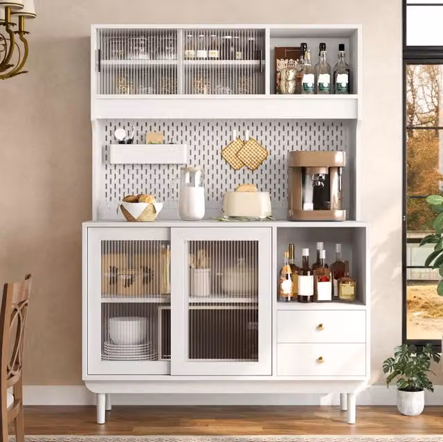 Credenza cucina con ante scorrevoli in vetro rigato; 117x30x170 cm; bianca