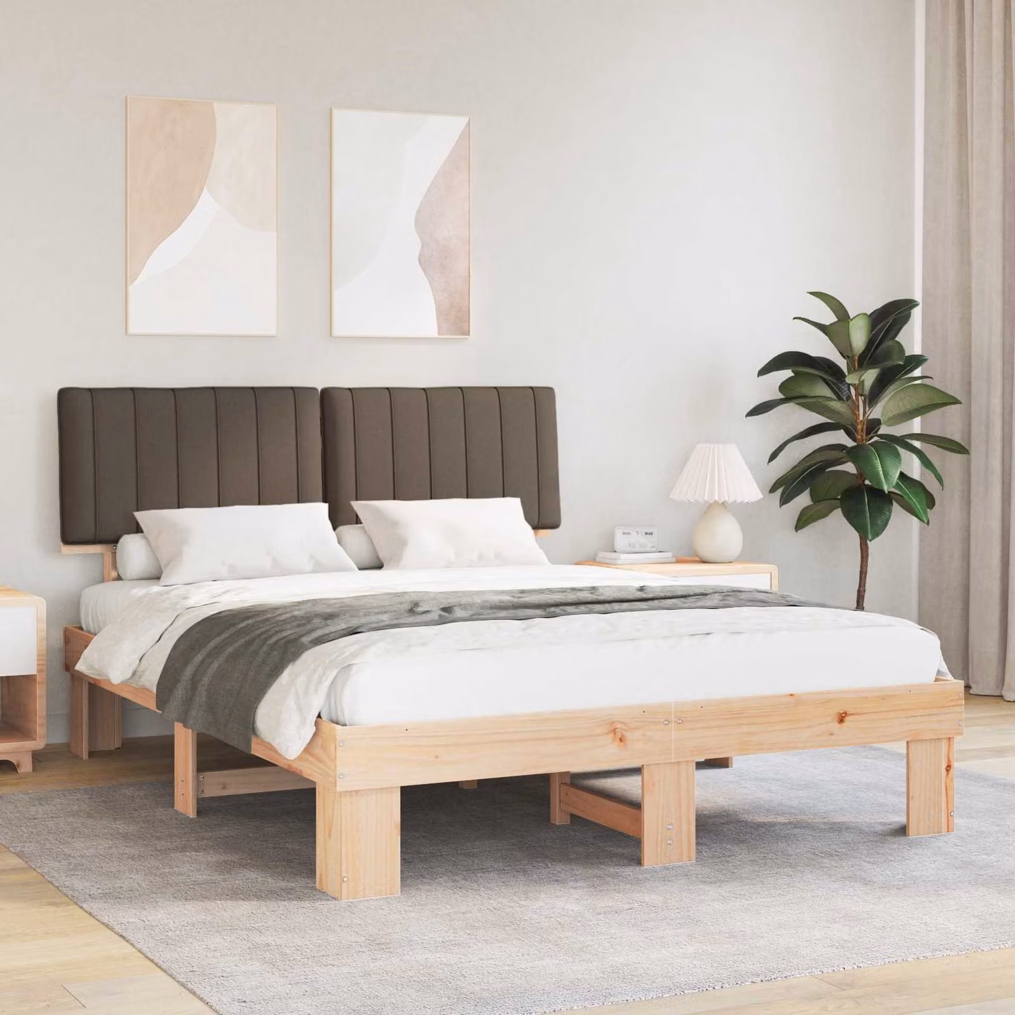 Letto con Testiera Rivestita vidaXL in Pino Massello, Colore Beige/Grigio, 150 x 200 cm – 1