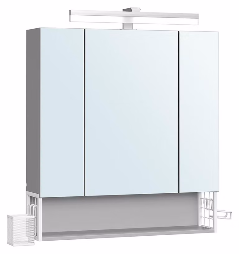 Mobiletto da bagno con spazio contenitore – Specchio in vetro con struttura in metallo e pannello in MDF – 16,5 x 70 x 75 cm