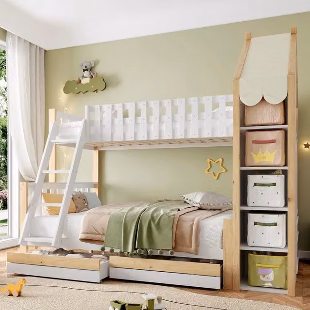 Letto a Castello 90x200 140x200 con Cassetti e Scaletta ¨C MINIMAL ¨C Bianco e Naturale