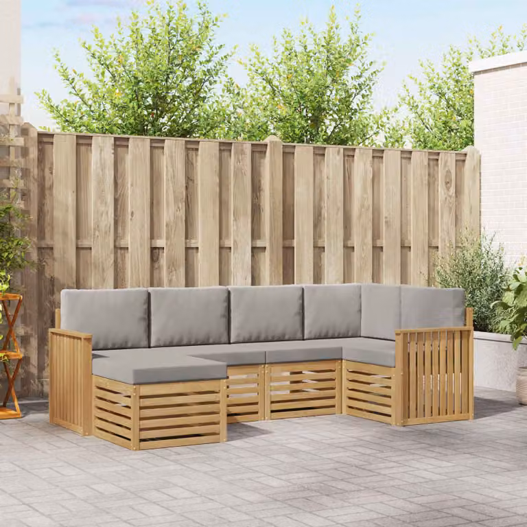 Set di divani da esterno vidaXL 6 pz a forma di L in legno di acacia con cuscini bianchi e grigi