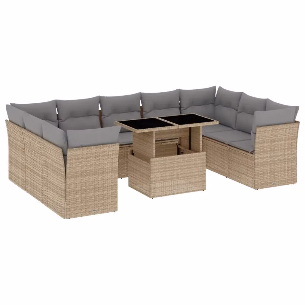 vidaXL Set Divano da Giardino 10 pz con Cuscini Beige e Tavolino in Polyrattan e Metallo – 2