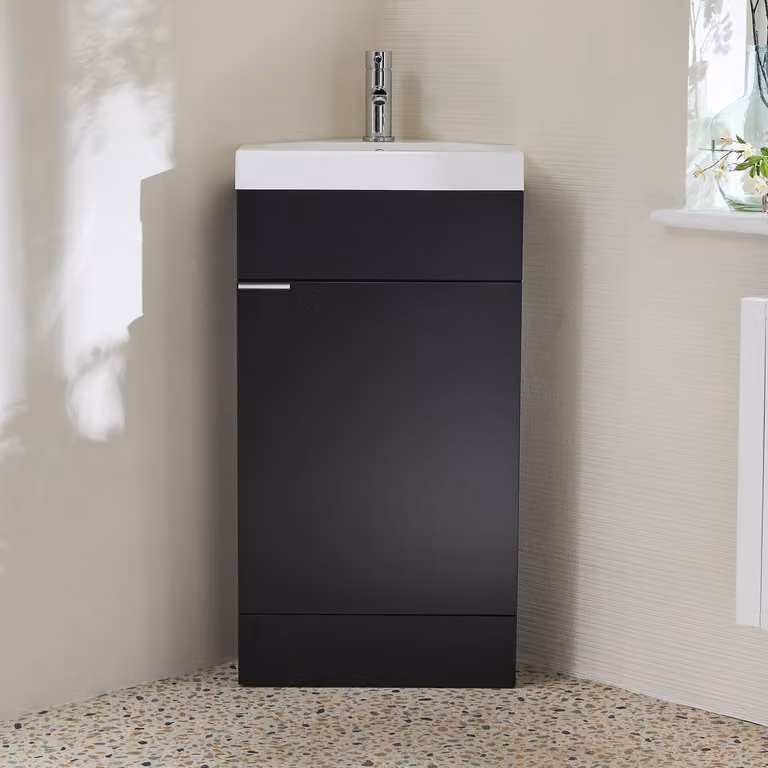 Mobile Bagno a Terra Angolare Grigio Nero da 450mm con Lavabo e Maniglia con Impugnatura a Dito Cromata - Cluo
