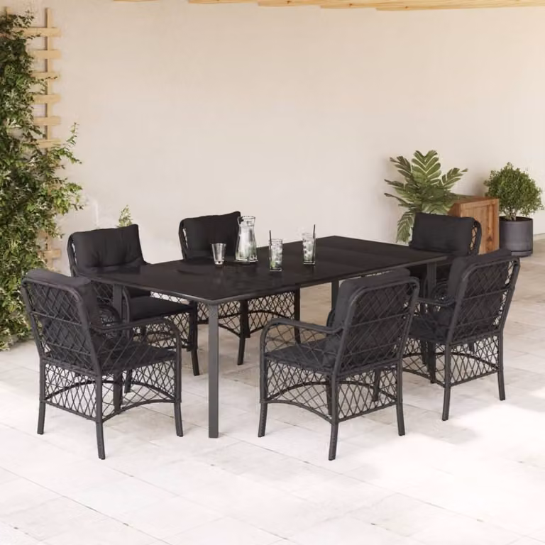 Set da Pranzo da Giardino vidaXL in Polyrattan e Vetro Nero con 7 Pezzi