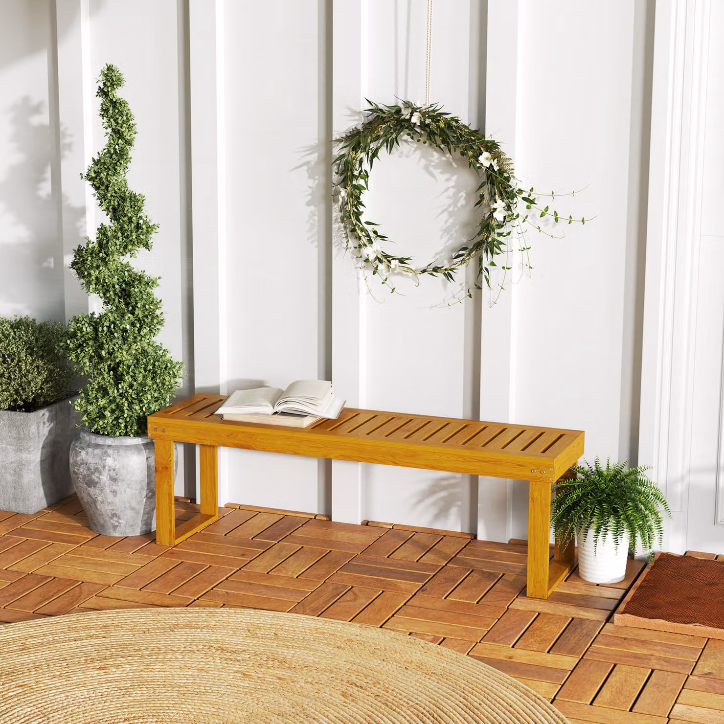 Panchina da giardino Outsunny in legno di pino per 2 persone, colore marrone, L: 132 cm, P: 34 cm, H: 43 cm – 2