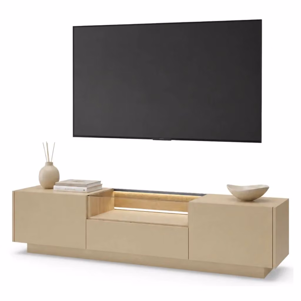 Mobile porta TV Kakaha DMORA in legno marrone e beige con illuminazione integrata, L 176 cm x P 40 cm x H 43 cm – 2