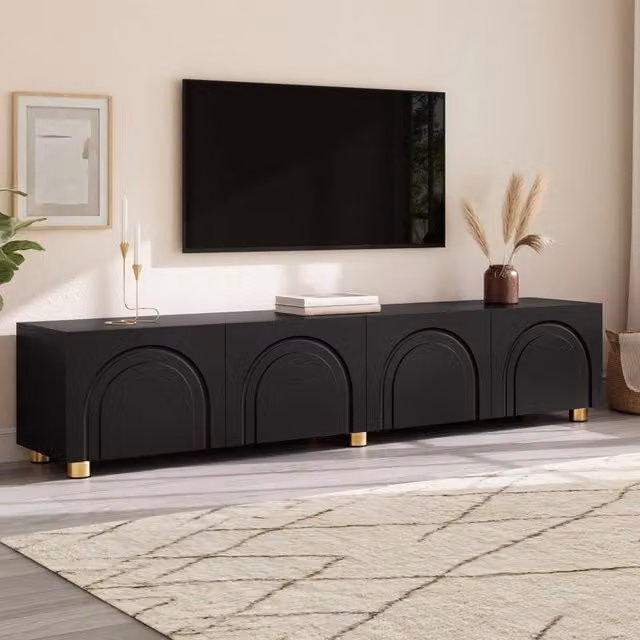 Mobile TV basso in PB e MDF con 4 ante a rilievo ad arco, piedi in metallo, nero, 180x35x40 cm