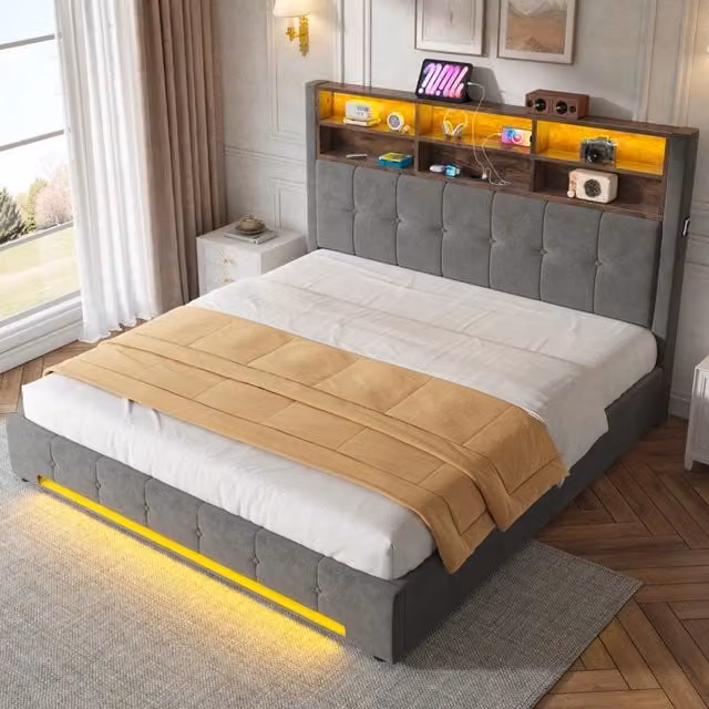 Letto Contenitore REDOM in Velluto Grigio con LED, Porta USB-C e Testiera Multifunzione L/P: 180 x 200 cm
