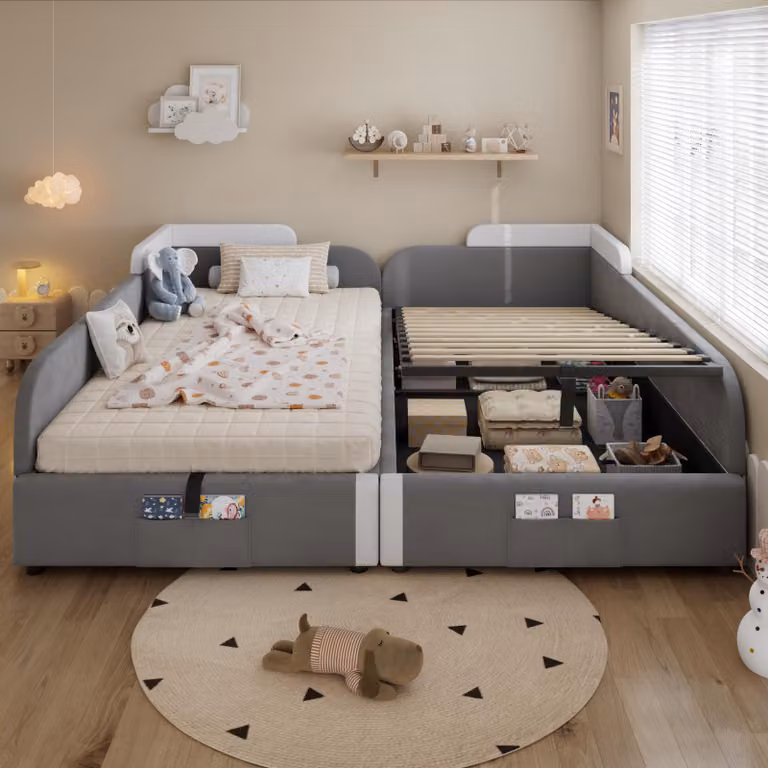 Letto imbottito idraulico Flieks 180x200cm con schienale, letto per bambini letto singolo con contenitore, letto contenitore letto per ragazzi, velluto, grigio