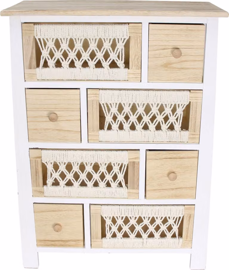 Cassettiera in macramè, legno, tessuto Dimensioni: 56 x 27 x 77 cm, cassetti 30 x 22 x 15 cm, 14 x 22 x 15 cm
