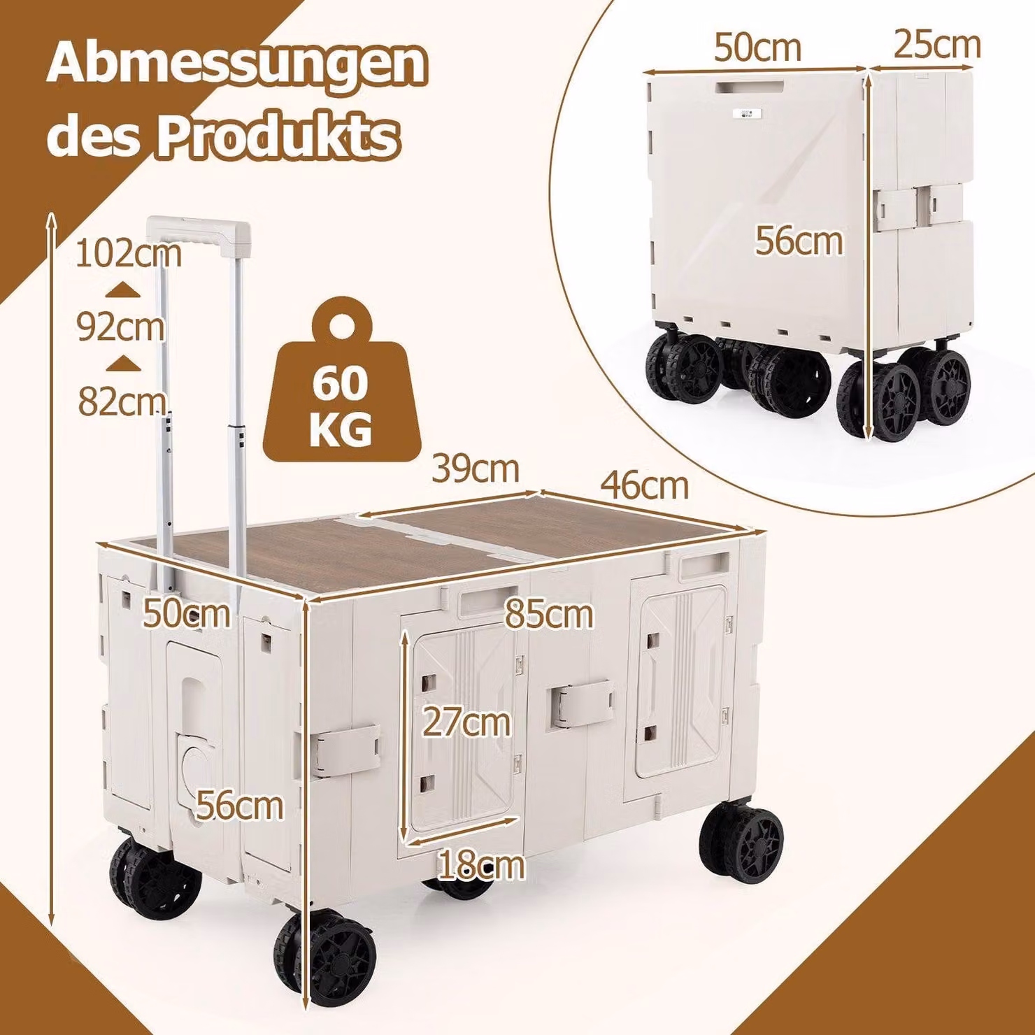 Carrello pieghevole con piano d'appoggio, 2 contenitori portaoggetti, maniglia regolabile