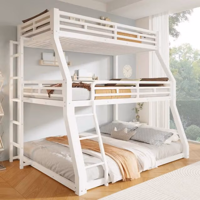 Letto a castello triplo in metallo 140 x 200 cm con 2 scale; bianco