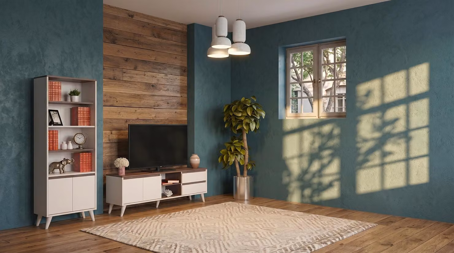 Set moderno per soggiorno in marrone e beige, composto da un mobile TV e una libreria, dal design elegante