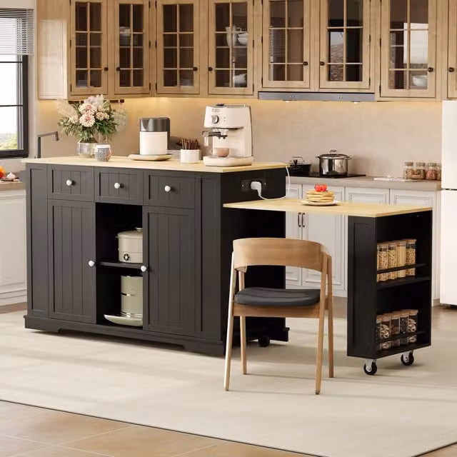 Isola da cucina moderna con tavolo estraibile e prese integrate in MDF nero e naturale L/P/H: 138 x 55 x 93 cm