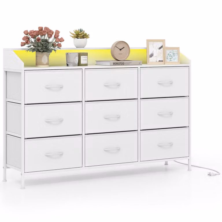 Comodino COSTWAY, mobile portaoggetti con luci a LED, base di ricarica, 9 cassetti in tessuto e struttura in metallo, mobile TV, cassettiera