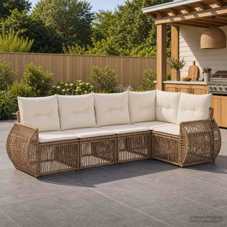 Set Divano da Giardino vidaXL 5 pz a Forma a L con Polyrattan e Cuscini Beige e Bianco Crema