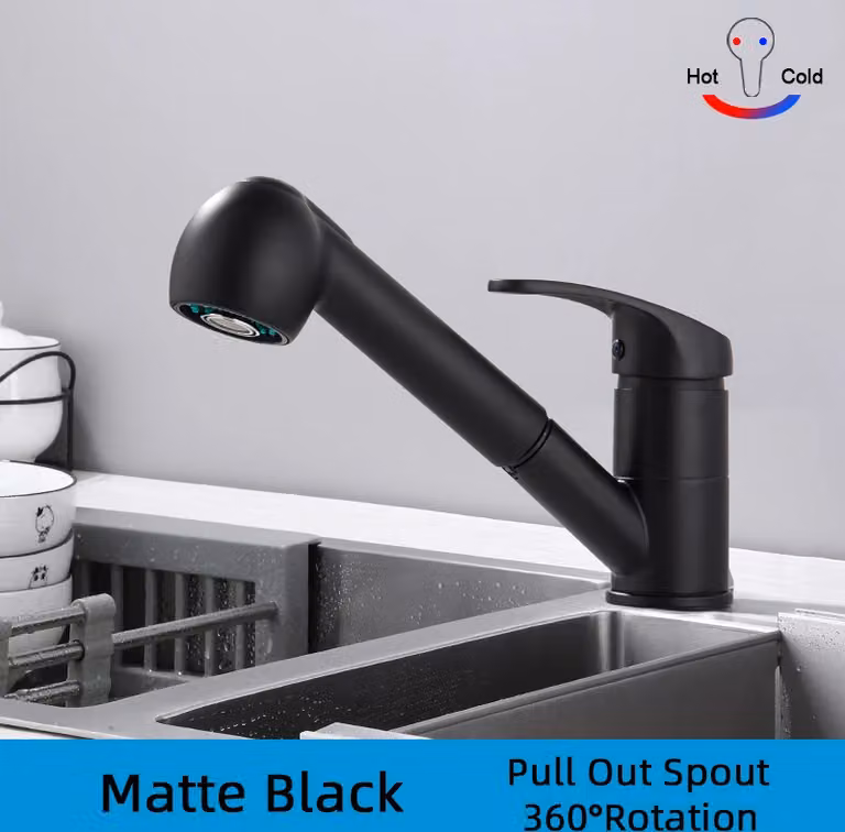 Rubinetto da cucina con gancio estraibile, rotazione a 360°, miscelatore per lavello con acqua calda e fredda, finitura cromata, nero