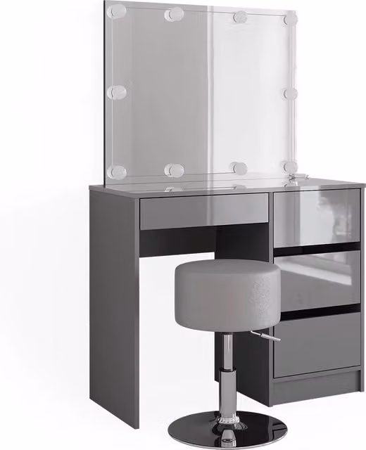 Tavolo da toeletta Sherry Grigio 90 cm con specchio, catena luminosa LED e sgabello Vicco